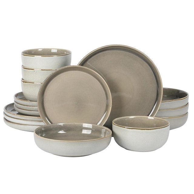 Gibson Elite Sunveil 16 Piece (Service for 4) Plates and Bowls Reactive Glaze Round Dishes Stoneware Ceramic Dinnerware Set -Taupe