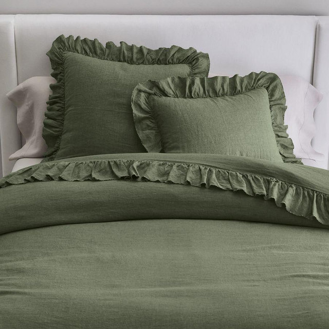 Belgian Flax Linen Fringe Ruffle Duvet, Cypress, King/Cal. King