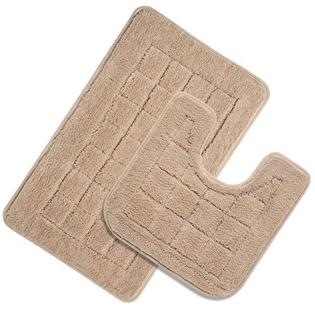 HEBE Bath Rug Set 2 Piece Beige Non Slip Bathroom Contour Rug Combo Microfiber Bath Shower Mat and U-Shaped Toilet Rug Machine Washable(21" x 34"+20"x 20")