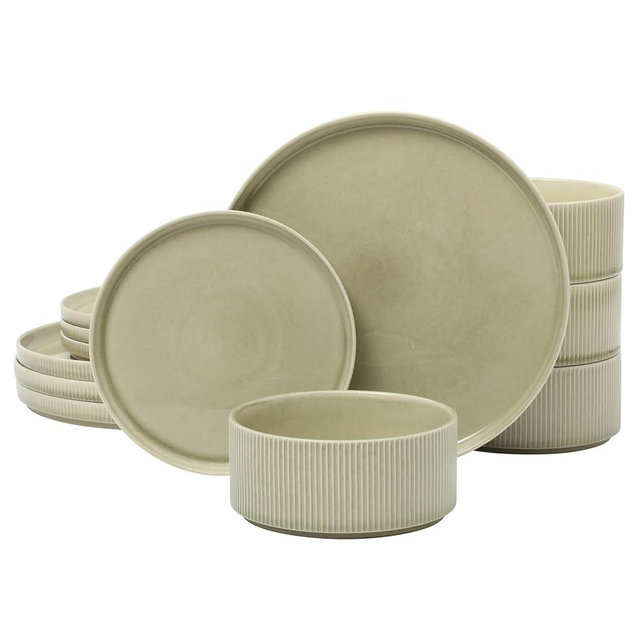 Gibson Elite Solana Coast 12 Piece Stoneware Reactive Glaze (Service for 4) Ceramic Plates and Bowls Modern Shape Embossed Dinnerware Set - Green