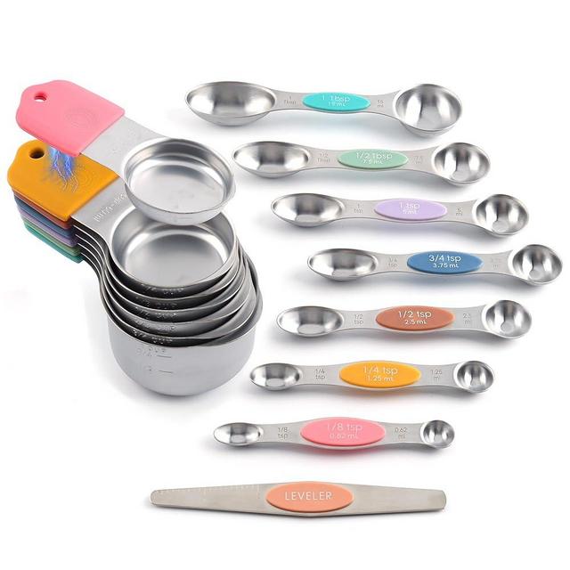15 PCS Magnetic Measuring Spoons and Cups Set, 304 Stainless Steel Measuring Set for Baking, Stackable and Easy Storage Measuring Tools, Colorful