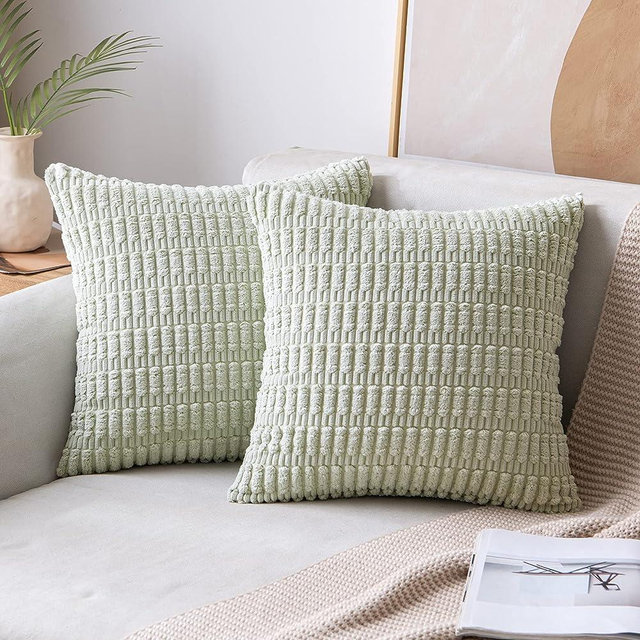 MIULEE Pack of 2 Corduroy Decorative Throw Pillow Covers 24x24 Inch Soft Boho Striped Pillow Covers Modern Farmhouse Home Decor for Spring Sofa Living Room Couch Bed Light Green