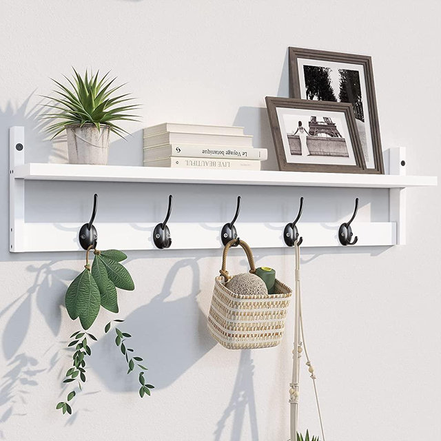 BAMEOS Wall Hooks with Shelf 28.9 Inch Length Entryway Wall Hanging Shelf Wood Coat Hooks for Wall with Shelf Wall-Mounted Coat Hook Rack with 5 Dual Hooks for Bathroom, Living Room, Bedroom （White
