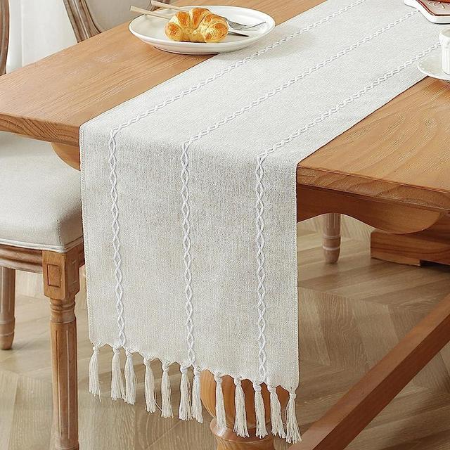 JIALE Rustic Farmhouse Table Runner with Tassels, Embroidered Cotton Linen Table Runner 90 Inches Long, Linen Boho Table Runners for Table Decorations, Holiday Party and Wedding, 13x90 Inches, Ivory
