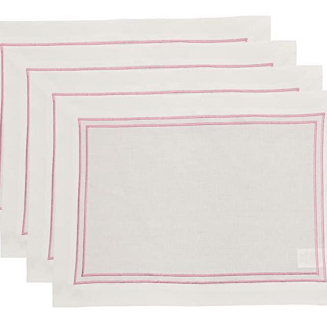 Solino Home Cotton Linen Placemats – Set of 4, 14 x 19 Inch – Positano Double Embroidery Border Placemats – White and Cosmo Pink