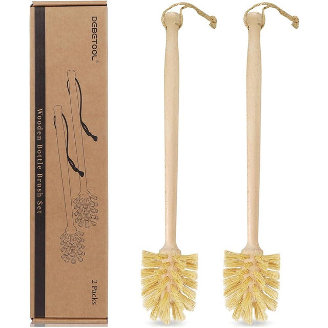 DEBETOOL 2-Pack Natural Wooden Bottle Brush with Sisal Bristles, Long Handle Bottle Brush Cleaner for Wide Mouth Jars, Water Bottles, Cups, Glasses, Baby Bottles (Non-Scratch)