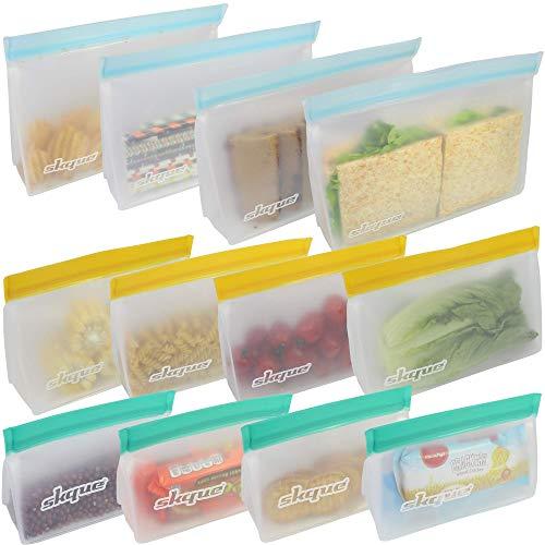 SKQUE 12 Pack Extra Thick Reusable Ziplock Storage Bags - Leakproof Seal Food Grade PEVA Ziplock Sandwich Bags Kids Snacks, Fruit, Travel Storage, BPA Free, Freezer Safe (4 Small, 4 Large, 4 Medium)