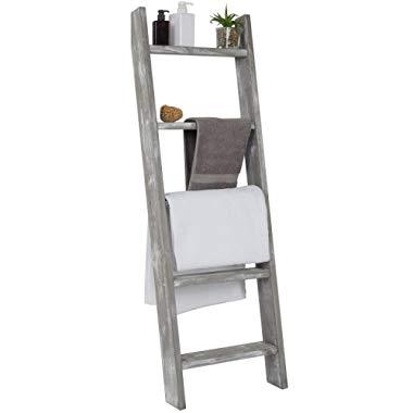 MyGift Wall-Leaning Rustic Gray with White Finish Wood Ladder-Style Blanket Rack