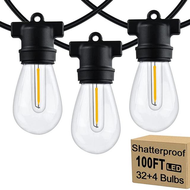 100FT LED Outdoor String Lights with 36 Shatterproof Edison S14 Filament Bulbs 32 Hanging Sockets, UL Listed Commercial Grade 2700K Warm White Decorative Patio String Lights for Outside Porch Backyard