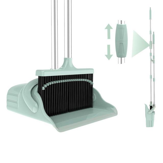 AISHUJIE Broom with Dustpan Combo Set - 52'' Long Handle Broom and Dustpan Set with Self-Cleaning Teeth & Standing Dust Pan and Broom for Home Office Kitchen Lobby Floor Use