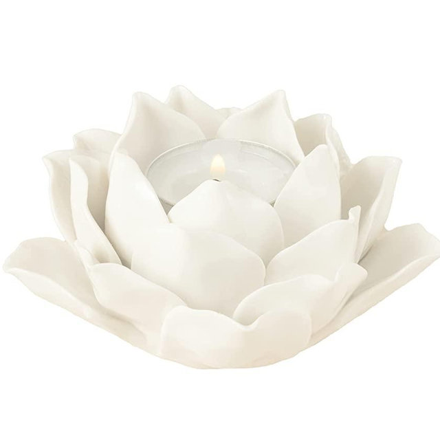Ceramic Lotus Petals Style Flower Candle Holder Tea Lights Holder Home & Table top Decoration (White)