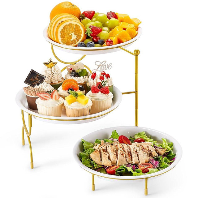 Lifewit 3 Tier Plastic Serving Tray Platter for Party Entertaining, 10" × 10" Large Dessert Table Display Set, White Reusable Round Dishes with Gold Metal Display Stand for Veggie, Fruit, Cookies