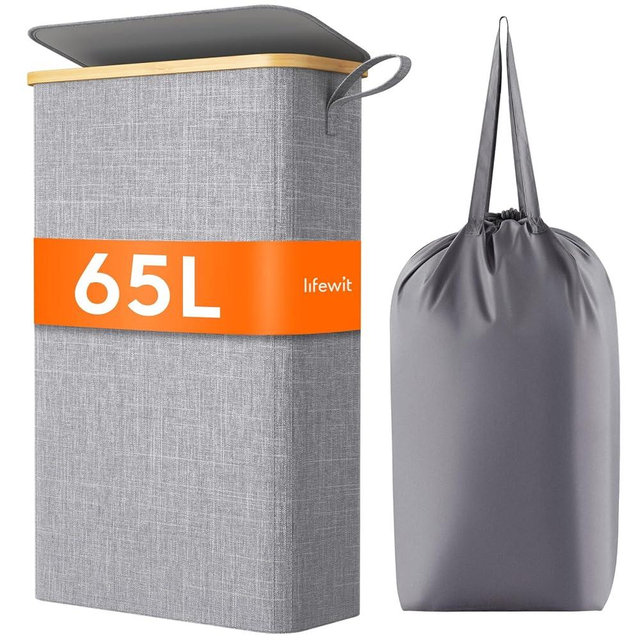 Lifewit 65L Slim Laundry Hamper with Lid, Narrow Laundry Basket with Removable Bag & Bamboo Handles, Fodable Thin Dirty Clothes Hamper for Laundry Collapsible Bin for Bathroom Bedroom Dorm, Gray
