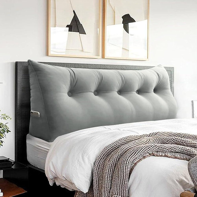 BNCKTRD Headboard Pillow Queen - Bed Wedge Pillow for Headboard, Reading Pillow for Sitting in Bed, Large Velvet Positioning Back Support Bedrest Pillow with Removable Cover & Side Pockets, Gray