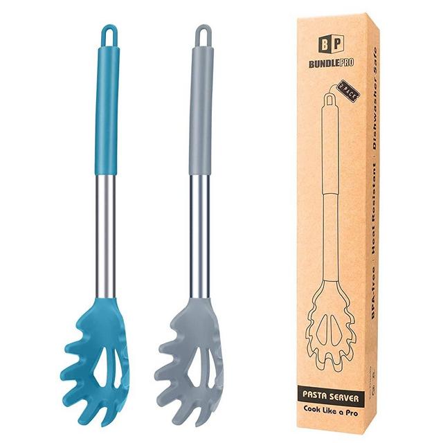Pack of 2 Silicone Pasta Fork, Kitchen Heat Resistant Noodle Spoon Server, BPA Free Spaghetti Strainer,Best Cooking Tools (Gray-Blue)