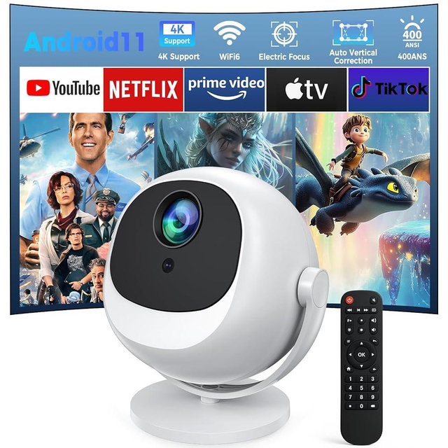 L-mix Mini 4k smart portable projector with 360° rotatable, projector wifi and bluetooth android 11 WiFi movie outdoor proyector portátil 4k with built-in app and remote control ceiling projector
