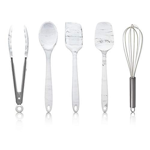 Cook with Color Silicone Cooking Utensils, 5 Pc Kitchen Utensil Set, Easy to Clean Silicone Kitchen Utensils, Cooking Utensils for Nonstick Cookware, Kitchen Gadgets Set - Marble White and Gunmetal