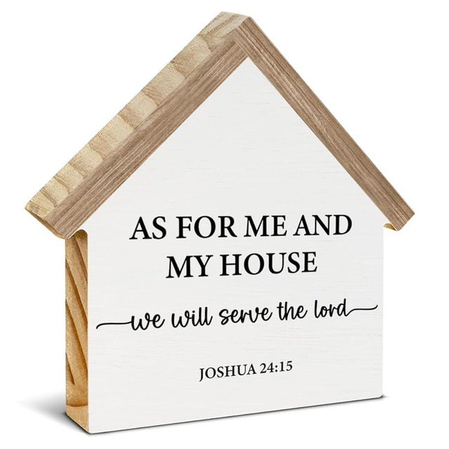 Christian Home Decor, As for Me and My House We Will Serve The Lord House Shaped Wood Block Sign, Bible Verse Home Living Room Decor for Desk Table Shelf