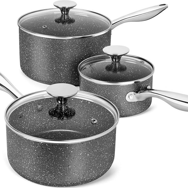 MICHELANGELO Sauce Pans with Lids, Granite Saucepan Set of 3, 1.5Qt & 2Qt & 3Qt Nonstick Small Pots with Non-Toxic Coating, All Cooktops Compatible
