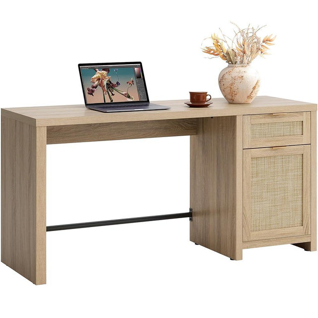 SICOTAS Rattan Home Office Desk with Drawer, 59" Farmhouse Boho Executive Desk with Storage Cabinet, Large Computer Writing Table Vanity Desk for Office, Study, Living Room, Light Oak