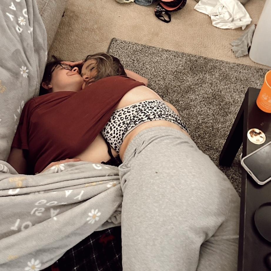 April 2024: Morgan was trying to show their friends how close she likes to be to Baleigh, and they even snapped this funny picture! You can tell who's love lanuage is not physical touch