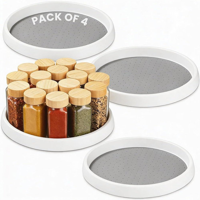 Oizeir Lazy Susan Organizer Set of 4, 10 Inch Non-Skid Turntable for Cabinet, Pantry, Kitchen, Countertop, Fridge, Bathroom – Durable Plastic Rotating Storage Tray, White
