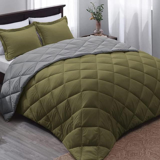 Basic Beyond Down Alternative Comforter Set (King,Olive Green/Grey) - Reversible Bed Comforter for All Seasons