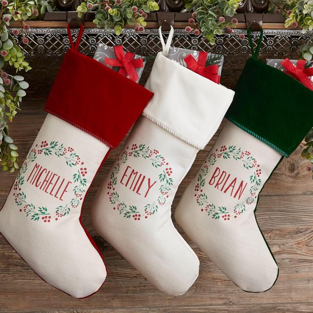 Christmas Wreath Personalized Burgundy Christmas Stocking