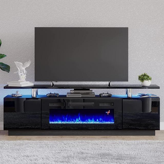 Amerlife Fireplace TV Stand with 36" Fireplace, 70" Modern High Gloss Entertainment Center LED Lights, 2 Tier TV Console Cabinet for TVs Up to 80", Black