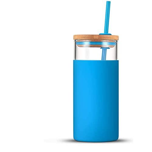 Tronco 20oz Glass Tumbler Glass Water Bottle Straw Silicone Protective Sleeve Bamboo Lid - BPA Free (Delft Blue)