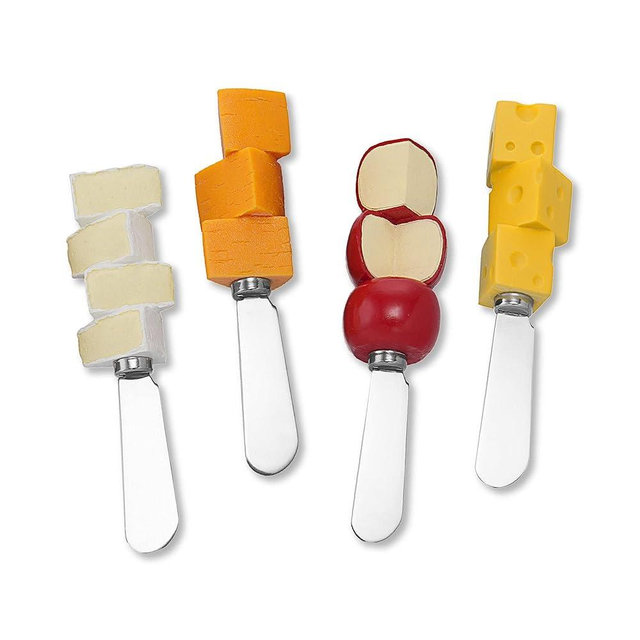Wine Things 4-Piece Hand Painted Resin Handle with Stainless Steel Blade Cheese Spreader/Butter Spreader Knife, Assorted (Say Cheese!)
