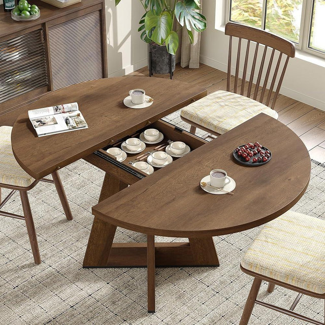 WODNITURE Extendable Round Dining Table for 4-8,Modern Kitchen Oval Dining Table with Removable Leaves Space Saving,Wood Base for Kitchen Living Room (Walnut)