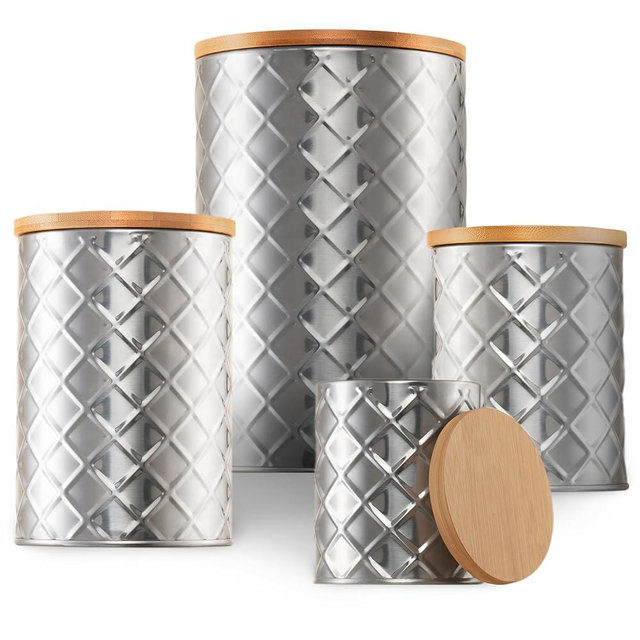 Pebble & Stem Silver Stainless Steel Canister Set for the Kitchen Counter, Kitchen Canister Set of 4, Airtight Lids, Sugar and Flour Containers for Countertops, Coffee and Tea Storage, Farmhouse Decor