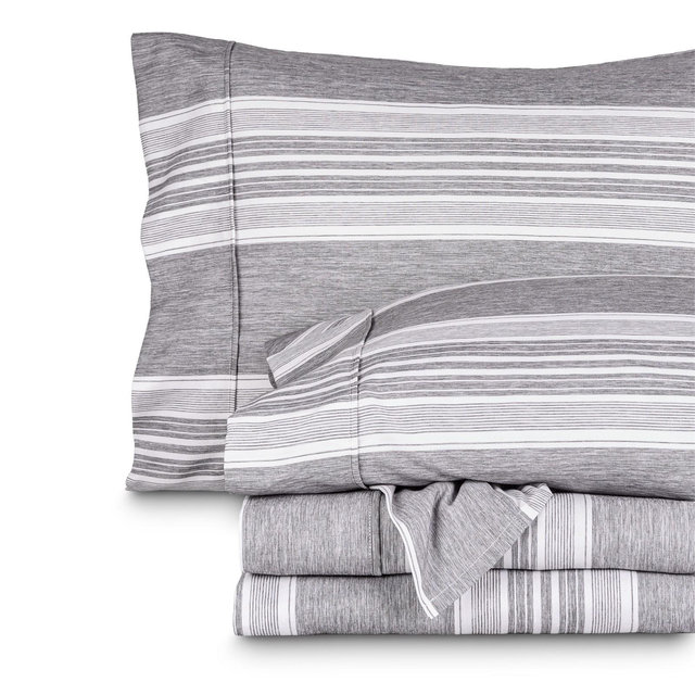 Queen Stripe - Heather Charcoal 4 Piece Printed Microfiber Sheet Set by Bare Home