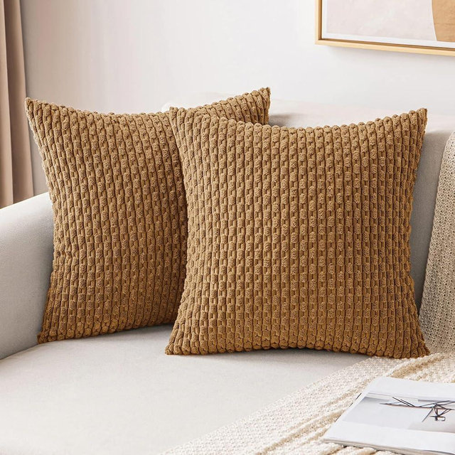 MIULEE Throw Pillow Covers Soft Corduroy Decorative Set of 2 Boho Striped Pillow Covers Pillowcases Farmhouse Home Decor for Couch Bed Sofa Living Room 16x16 Inch Light Coffee