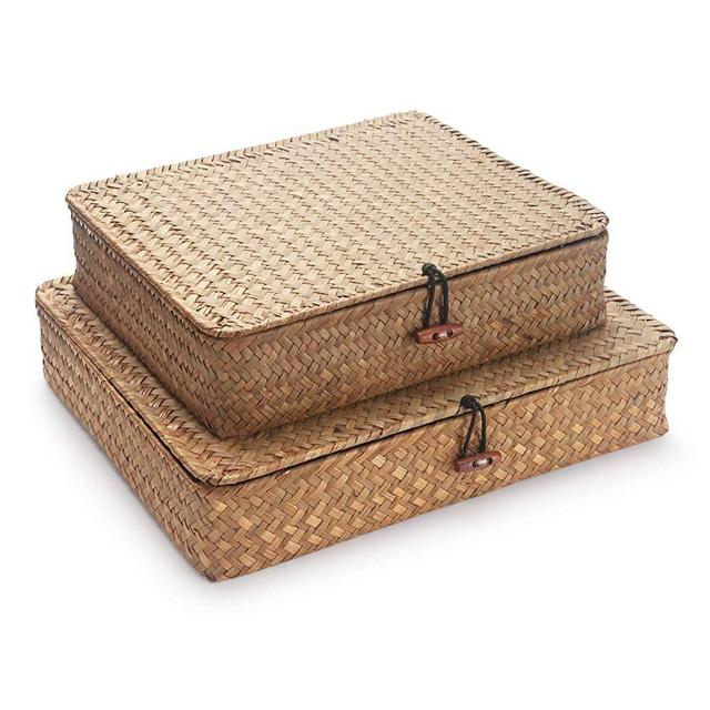 Seagrass Storage Basket Bins with Lid Rectangular Woven Shelf Baskets for Organize Snack Toys Set of 2 (Large+Small)