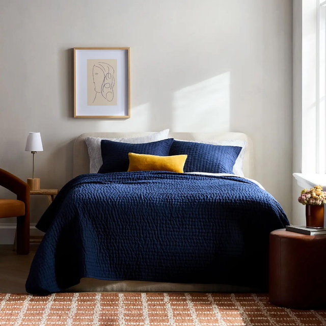 European Linen Cotton Stitch Quilt - Without Sham Set, Navy