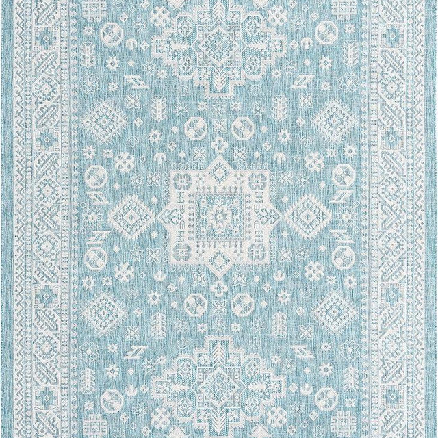 Rugs.com Outdoor Aztec Collection Rug – 8' x 11' Aqua Flatweave Rug Perfect for Living Rooms, Large Dining Rooms, Open Floorplans