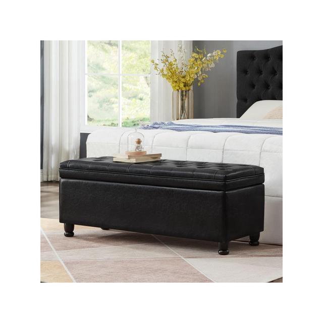 Fabric Upholstered Tufted Storage Bench,Black Faux Leather Entryway Bench Living Room Padded Seat with Armrest,Bed Bench-Cuddlewood