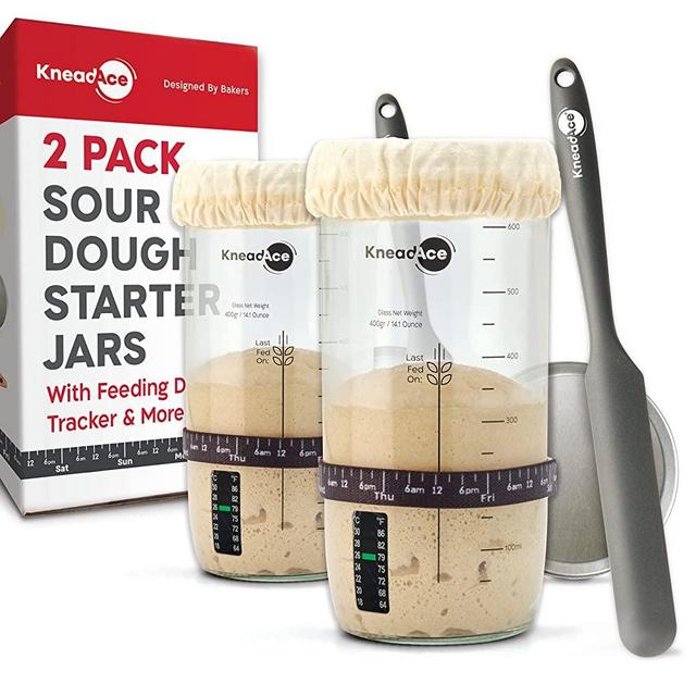 KNEADACE Sourdough Starter Jar With Date Marked Feeding Band, Thermometer, Sourdough Jar Scraper, Sourdough Container Sewn Cloth Cover & Metal Lid, Sourdough Starter Kit (2 Pack)