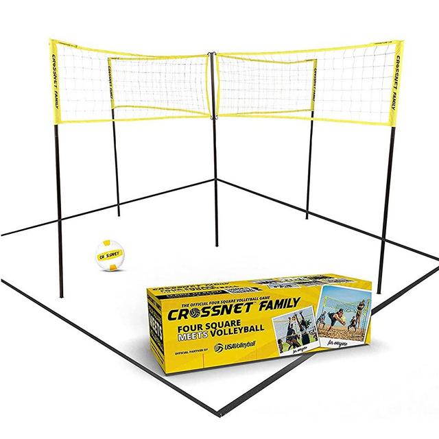 CROSSNET 4-Way Volleyball Net with Carrying Backpack & Ball - 4 Square Volleyball Game Set for Adults and Kids - Quick Assemble Outdoor Game - Four Square Volleyball Net - Backyard Yard Games & Gifts