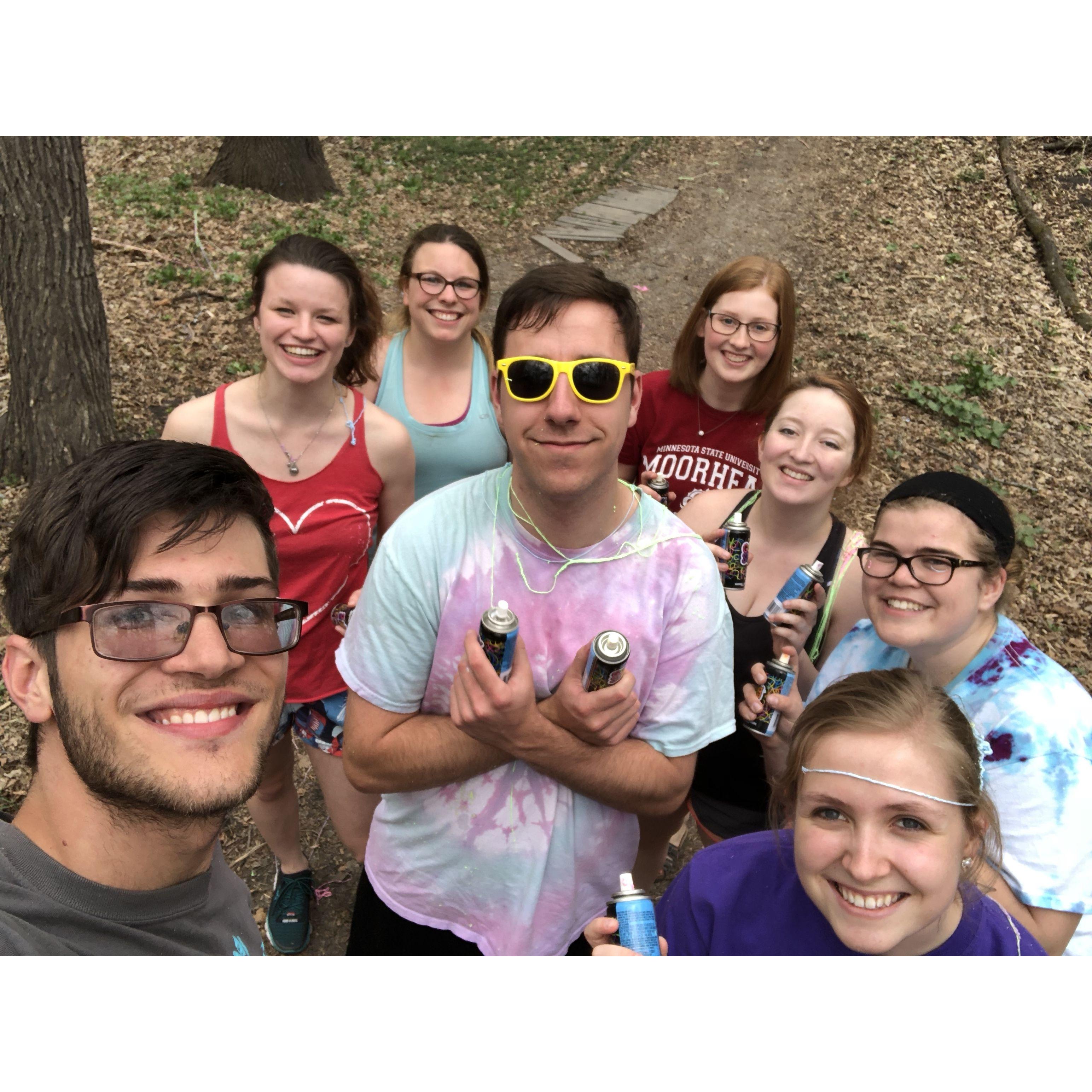 Fun in the park for Leslie's birthday: a silly string war with Tim, Macy, Madalyn, Mark, Jenna, McKenzie, Brittany, and Leslie!