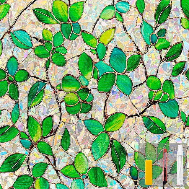 COUNTEWOL Window Privacy Film with Installation Tools Home Decorative Colored Glass Window Stickers Reusable electrostatic Rainbow Stickers (Greenery Leaf, 45.2 x 157.4 in)