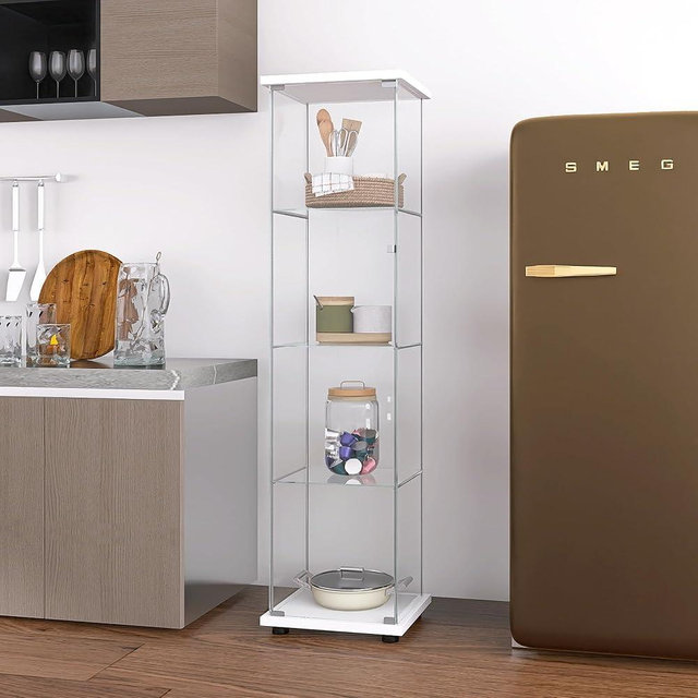 Zipzop Modern 64'' 4-Shelf Glass Display Cabinet in Clear with Door, Curio Cabinet Collection Display Case, Floor Standing Bookshelf for Living Room Bedroom Home Office (White -S)