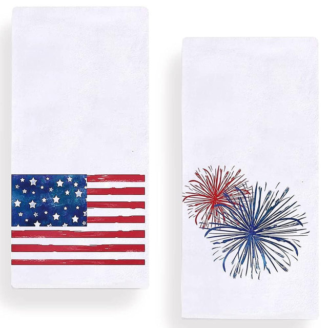 American Flag Stars Firework 4th of July Kitchen Towels Dish Towels, 18x28 Inch Patriotic Liberty Decor Hand Towels Set of 2