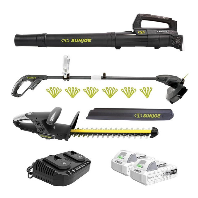 Sun Joe 24V IONMAX Cordless Leaf Blower, Grass and Hedge Trimmer Outdoor Garden Combo Power Tool Kit with Batteries and Charger, 24V-GT4MAX-LTE