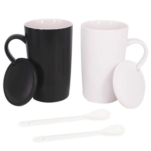 BPFY 16oz Set of 2 Ceramic Coffee Mug with Lid and Spoon, Milk Cup Classic Mug Drinking Cups for Tea, Coffee, Cocoa, Black and White Marriage or Couples (16oz)