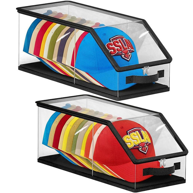 Soarine 2 Pack Stackable Hat Storage Box, Clear Closet Hat Organizer for Baseball Caps Hold 24 Caps, Space Saving Hat Box Display (Black)