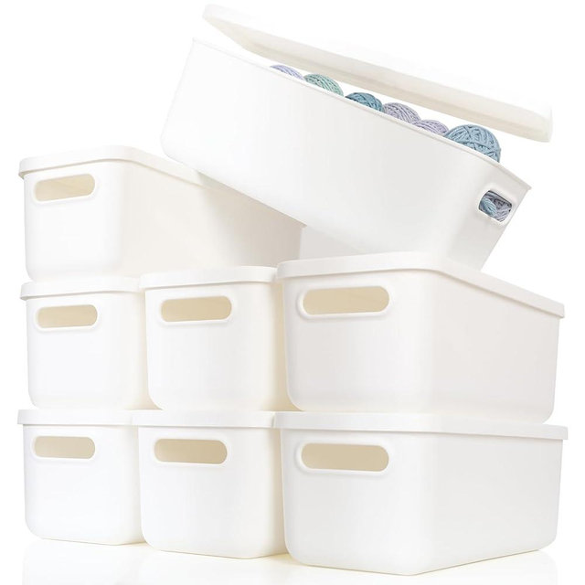 Yishyfier Plastic Storage Baskets With Lid Organizing Container Lidded Knit White Storage Organizer Bins for Shelves Drawers Desktop Playroom Classroom Office (8XS)