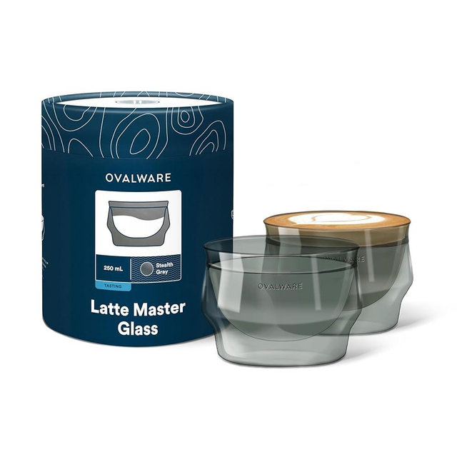 ovalware 8.5oz Double Wall Latte Cups, Latte Set of 2 - Latte Glasses for Cold & Hot Drink, Palm Sized Latte Glass Cups with Wide Rim for Latte Art - Stealth Gray